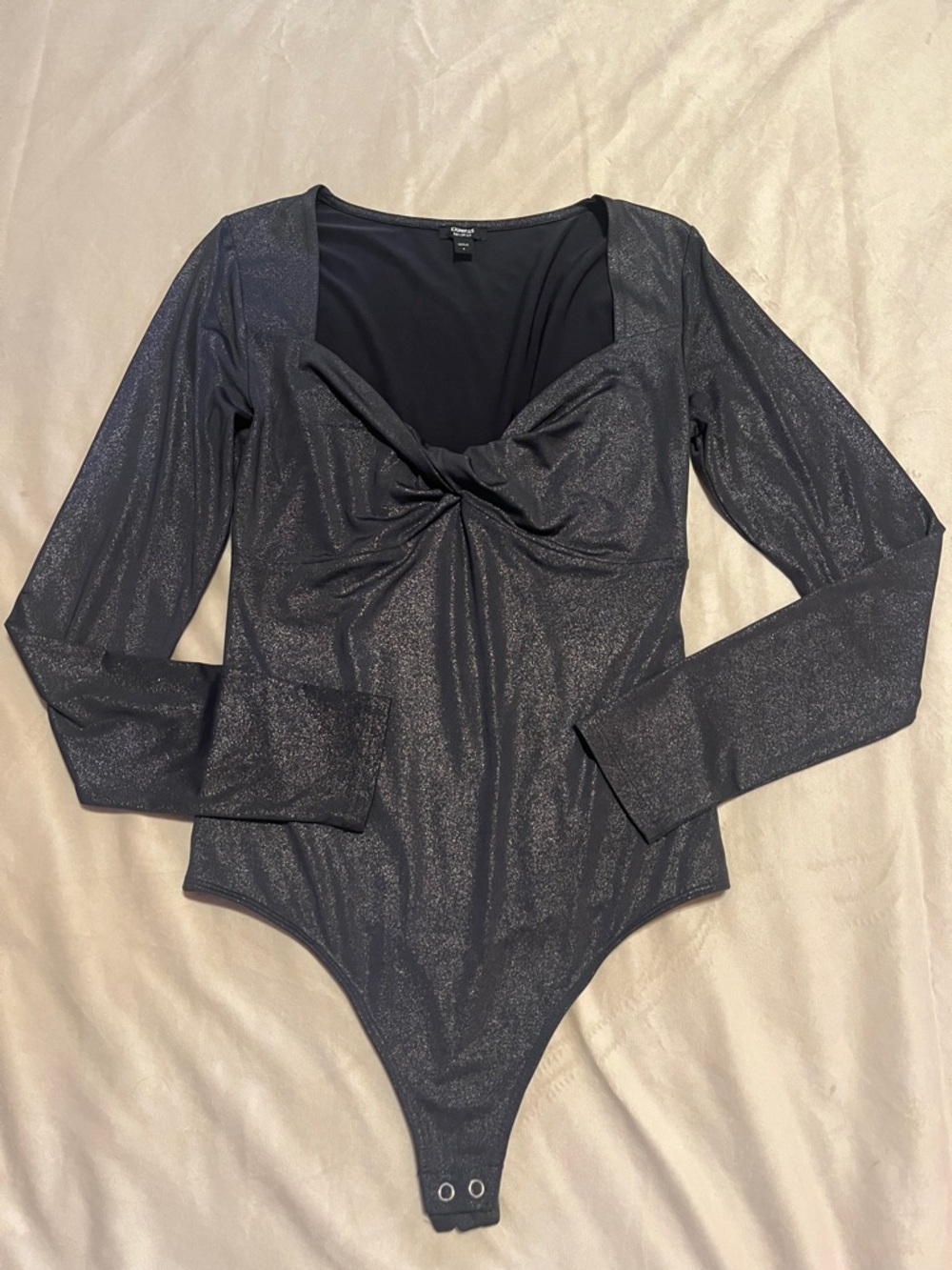 Express Black Shimmer metallic Twist-Front Long Sleeve Bodysuit